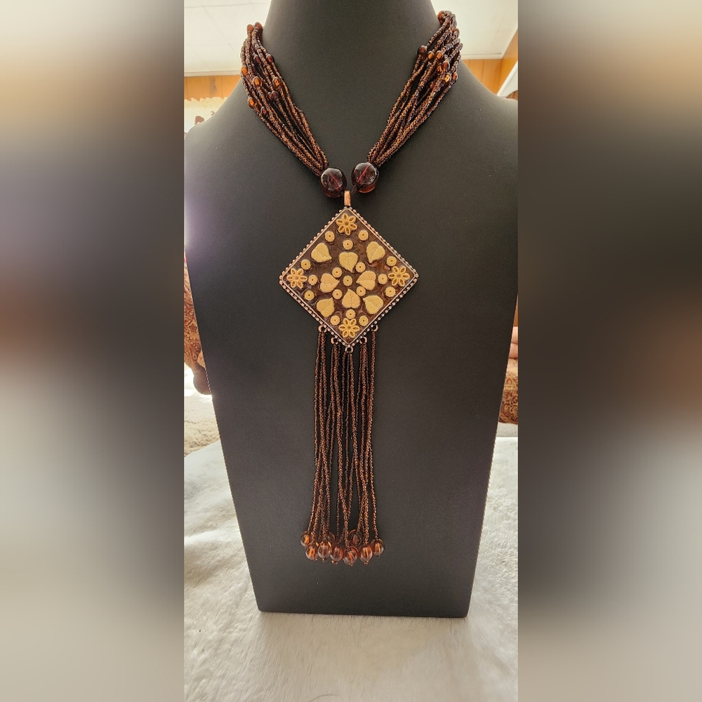 Vtg Bohemian Beaded Statement Necklace with Large Square Floral Pendant & Tassel